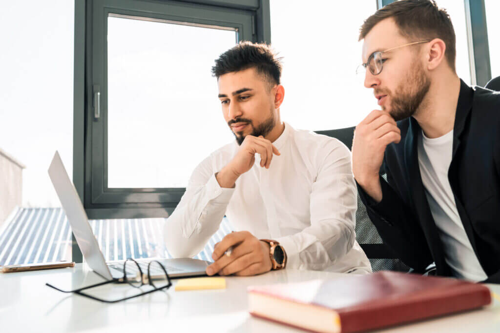 Two business men are thinking about whether what they see is a phishing scam or not